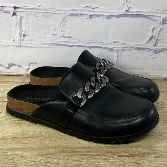 Vionic Georgie Black Leather Slip On Mules Women's Size 7.5 Comfort Clog Shoes - Picture 1 of 8